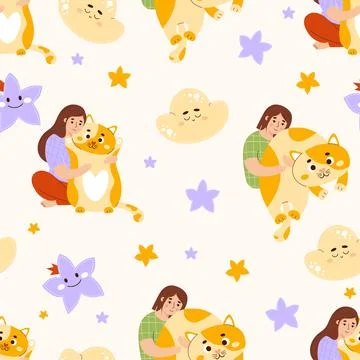Seamless pattern with girls with large plush toy pillow cat on light backgr.. Stock Illustration