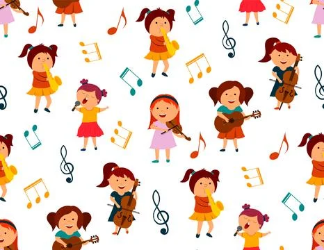 Seamless pattern, girls with musical instruments. vector isolated on a white  Stock Illustration