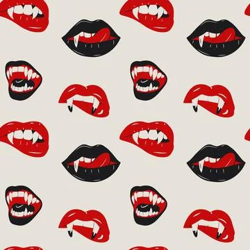 Seamless pattern with Glamorous set of vampire lips featuring blood red color 스톡 일러스트