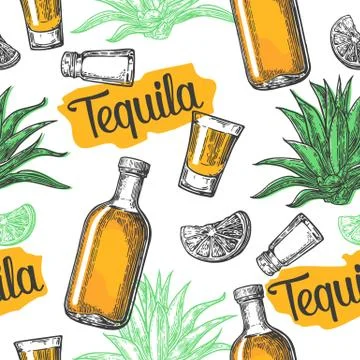 Seamless pattern of glass and botlle, salt, cactus lime Illustration