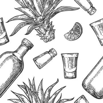 Seamless pattern of glass bottle, tequila, salt, cactus and lime Stock Illustration