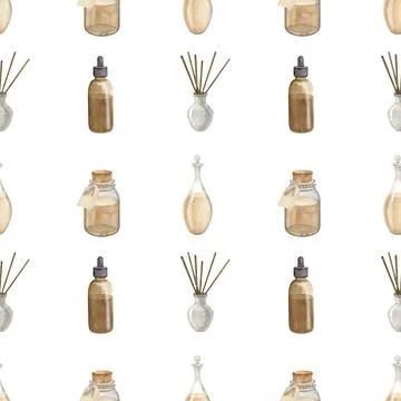 Seamless Pattern with of Glass Bottles and transparent vintage Flacons. Hand Stock Illustration