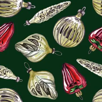 Seamless Pattern Glass Christmas Balls Retro Watercolor Stock Illustration