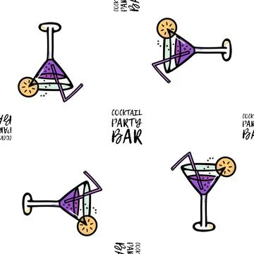 Seamless pattern of a glass with a cocktail, bubbles and a slice of lemon, a Illustrazione stock