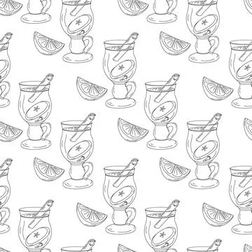 Seamless pattern of a glass cup with mulled wine, lemon and apple slices and Stock Illustration