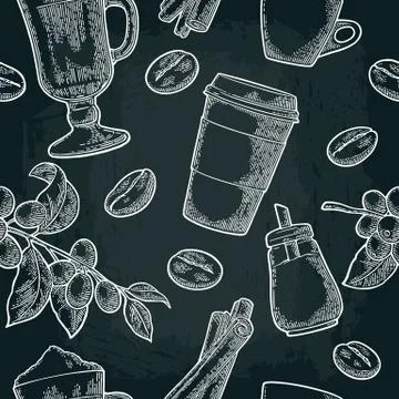 Seamless pattern glass latte, sugar, beans, branch with leaf and berry. Illustrazione stock