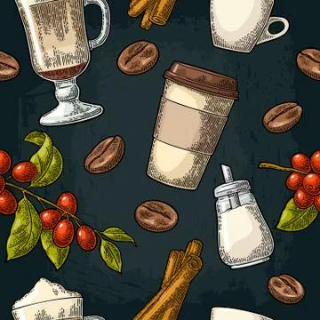 Seamless pattern glass latte, sugar, beans, branch with leaf and berry. Stock Illustration