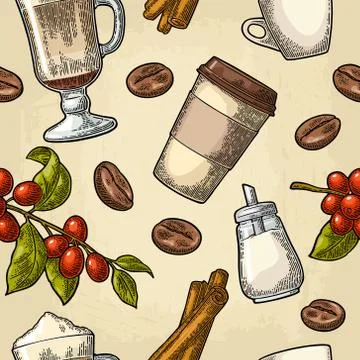 Seamless pattern glass latte, sugar, beans, branch with leaf and berry. Illustrazione stock