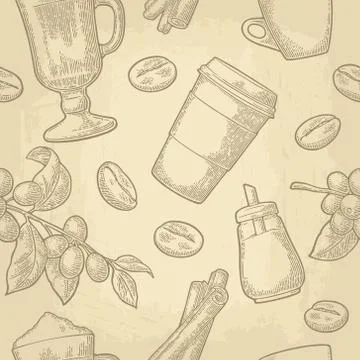 Seamless pattern glass latte, sugar, beans, branch with leaf and berry. イラスト素材
