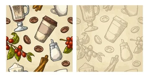 Seamless pattern glass latte, sugar, beans, branch with leaf and berry. Stock Illustration