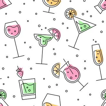 Seamless Pattern from Glasses with Alcohol. Cocktail bar concept. Stock Illustration