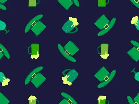 Seamless pattern with glasses of beer and leprechaun hat for St. Patrick's .. Stock Illustration