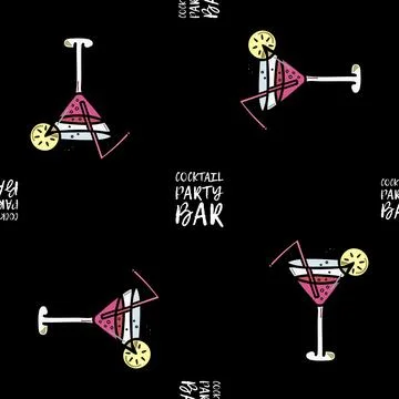 Seamless pattern of glasses with cocktail, bubbles and lemon slices, straws on a Stock Illustration