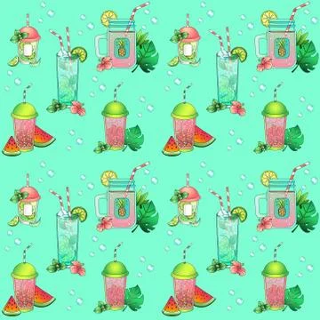 Seamless pattern - glasses with drinks on a turquoise background. Vector seamles Illustrazione stock