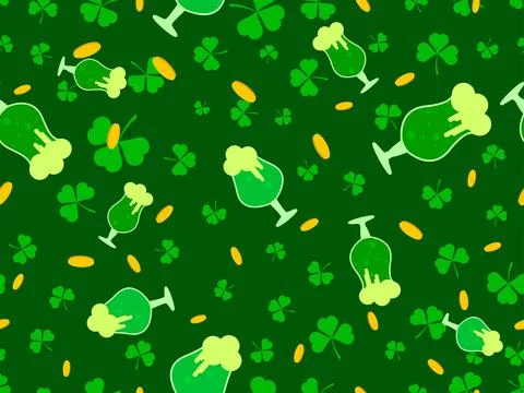 Seamless pattern with glasses of green beer, clover leaves and gold coins f.. Illustrazione stock