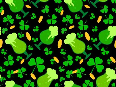 Seamless pattern with glasses of green beer, clover leaves and gold coins f.. Stock Illustration