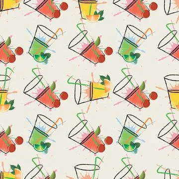 Seamless pattern with glasses of orange, Cherry juice and mojito in hatching  스톡 일러스트