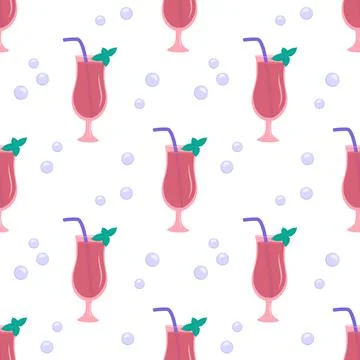 Seamless pattern with glasses of pink cocktail with tubes, mint leaves and Illustrazione stock