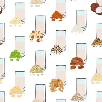 Seamless pattern of glasses with plant-based milk. Vegan milk in glass Stock Illustration