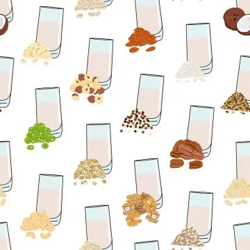 Seamless pattern of glasses with plant-based milk. Vegan milk in glass Stock Illustration