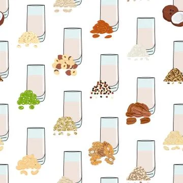 Seamless pattern of glasses with plant-based milk. Vegan milk in glass Stock Illustration