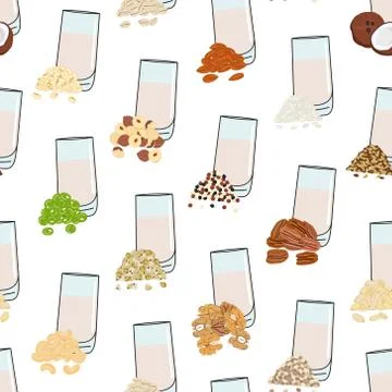 Seamless pattern of glasses with plant-based milk. Vegan milk in glass Stock Illustration