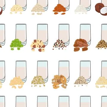 Seamless pattern of glasses with plant-based milk. Vegan milk in glass Stock Illustration