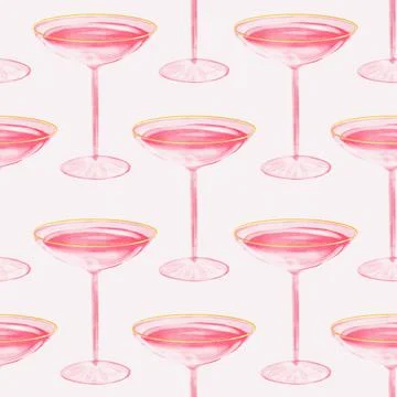 Seamless pattern with Glasses with rose wine. Watercolor hand drawn illustration Stock Illustration