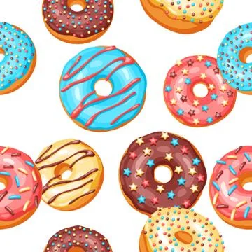 Seamless pattern with glaze donuts and sprinkles. 스톡 일러스트
