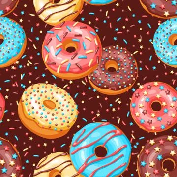 Seamless pattern with glaze donuts and sprinkles. 스톡 일러스트
