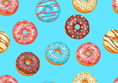 Seamless pattern with glaze donuts and sprinkles. Stock Illustration