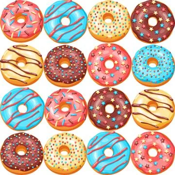 Seamless pattern with glaze donuts and sprinkles. Stock Illustration