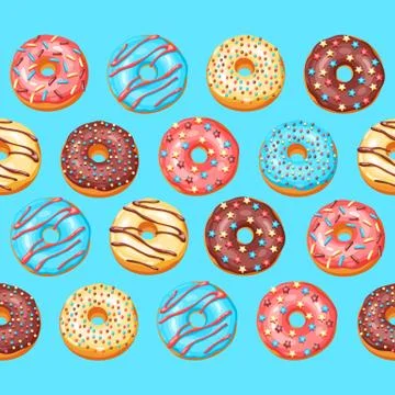 Seamless pattern with glaze donuts and sprinkles. 스톡 일러스트