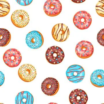 Seamless pattern with glaze donuts and sprinkles. 스톡 일러스트