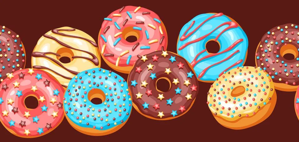 Seamless pattern with glaze donuts and sprinkles. 스톡 일러스트