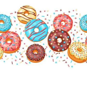 Seamless pattern with glaze donuts and sprinkles. 스톡 일러스트