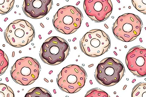 Seamless pattern with glazed colorful donuts. White background. Girly. For print Stock Illustration