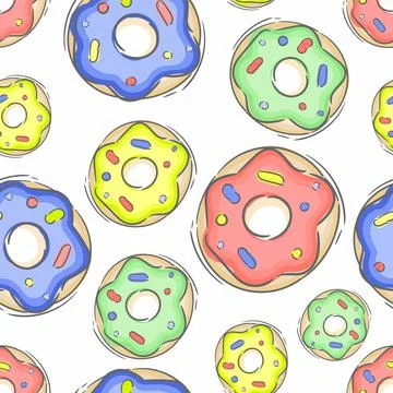 Seamless pattern with glazed colorful donuts. White background. Girly. For print Stock Illustration