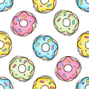Seamless pattern with glazed colorful donuts. White background. Girly. For print Stock Illustration