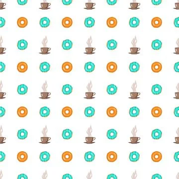 Seamless pattern of glazed donuts and cups of tea or coffee Stock Illustration