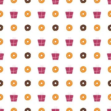 Seamless pattern from glazed donuts and gift box with ribbon Stock Illustration