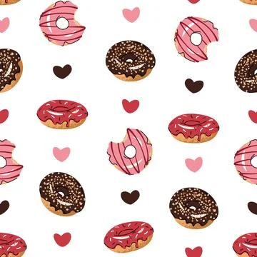 Seamless pattern with glazed donuts and hearts. Repeating texture with deli.. Illustrazione stock