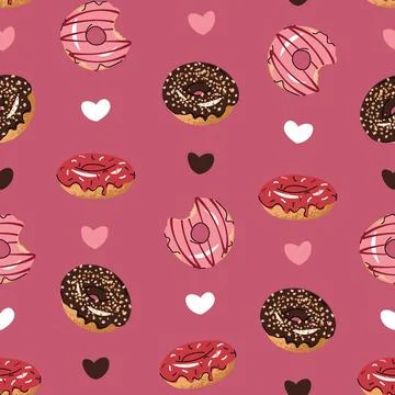 Seamless pattern with glazed donuts and hearts. Repeating texture with deli.. Stock Illustration