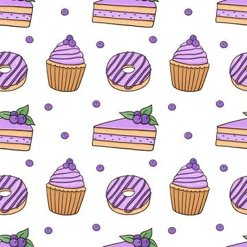 Seamless pattern with glazed donuts, blueberry cupcakes and cakes Stockillustratie