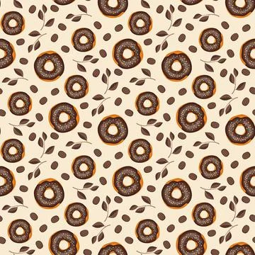 Seamless pattern from glazed donuts, coffee beans and leaves イラスト素材