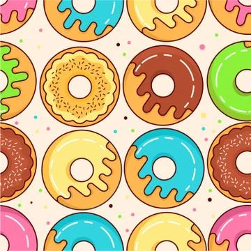 Seamless pattern glazed donuts. Colorful pastries flat vector. Illustrazione stock