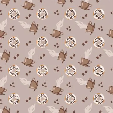 Seamless pattern from glazed donuts, cup of coffee and beans 库存插图