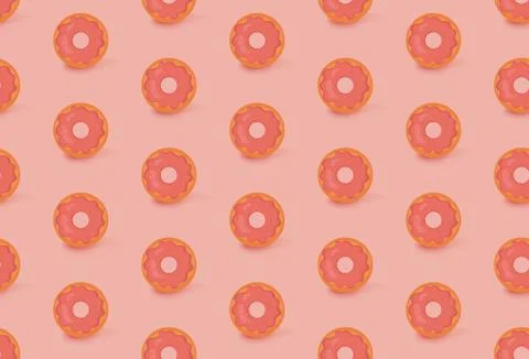 Seamless pattern with glazed pink donuts on light orange background with shadows 스톡 일러스트