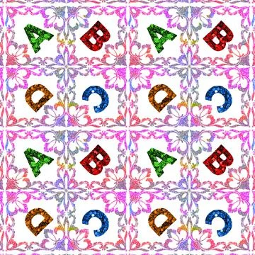 A seamless pattern of glitter filled letters inside frames with colorful corn Stock Illustration