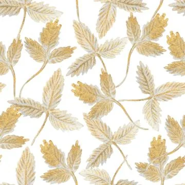 Seamless pattern with glittering strawberry leaves. Elegant luxury endless print Stock Illustration
